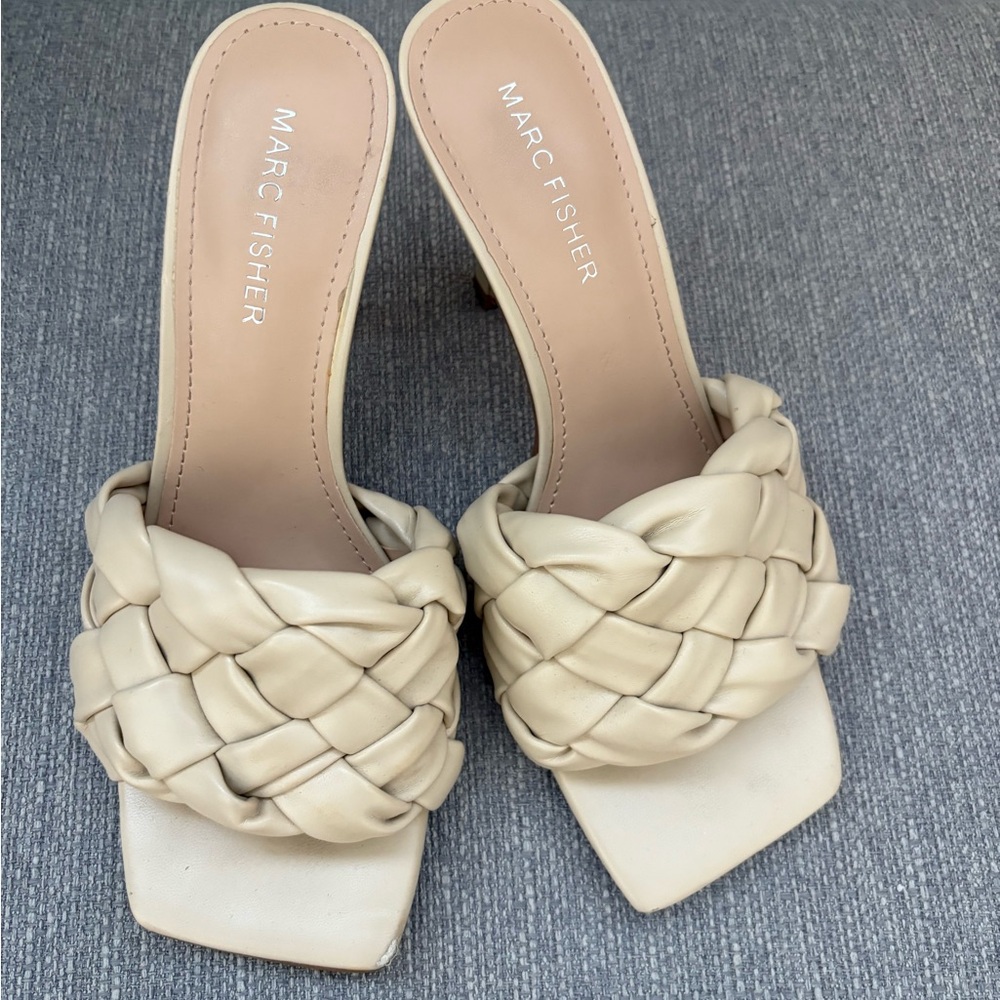 Marc Fisher Beige Woven Draya braided Heeled Mules